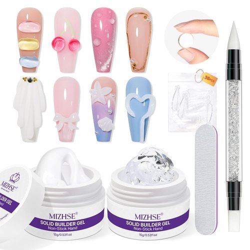 MIZHSE Solid Builder Gel for Nails, Non-Sticky Clear and White 3D Nail Art, Sculpting Building Hard Gel with Dual Form Silicone Pen for Carving Patterns Decoration Nail Art Manicure Home DIY