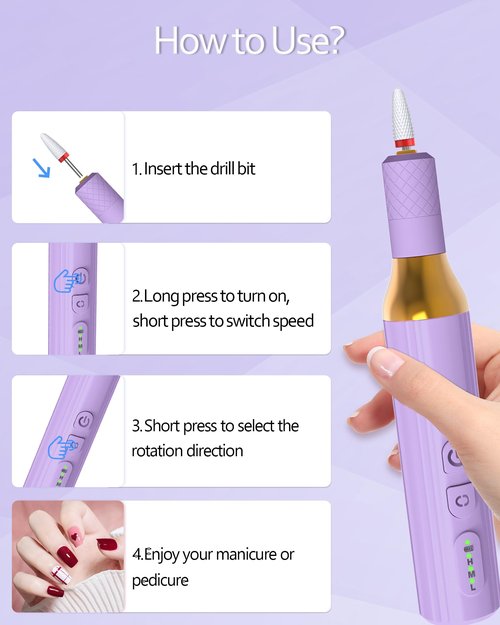 DEEHENK Nail Drill,Cordless Electric Files for Gel Nails E-File Manicure Kit Women Rechargeable Cordless Drill para Uñas Profesional Machine Grinder Acrylic Purple