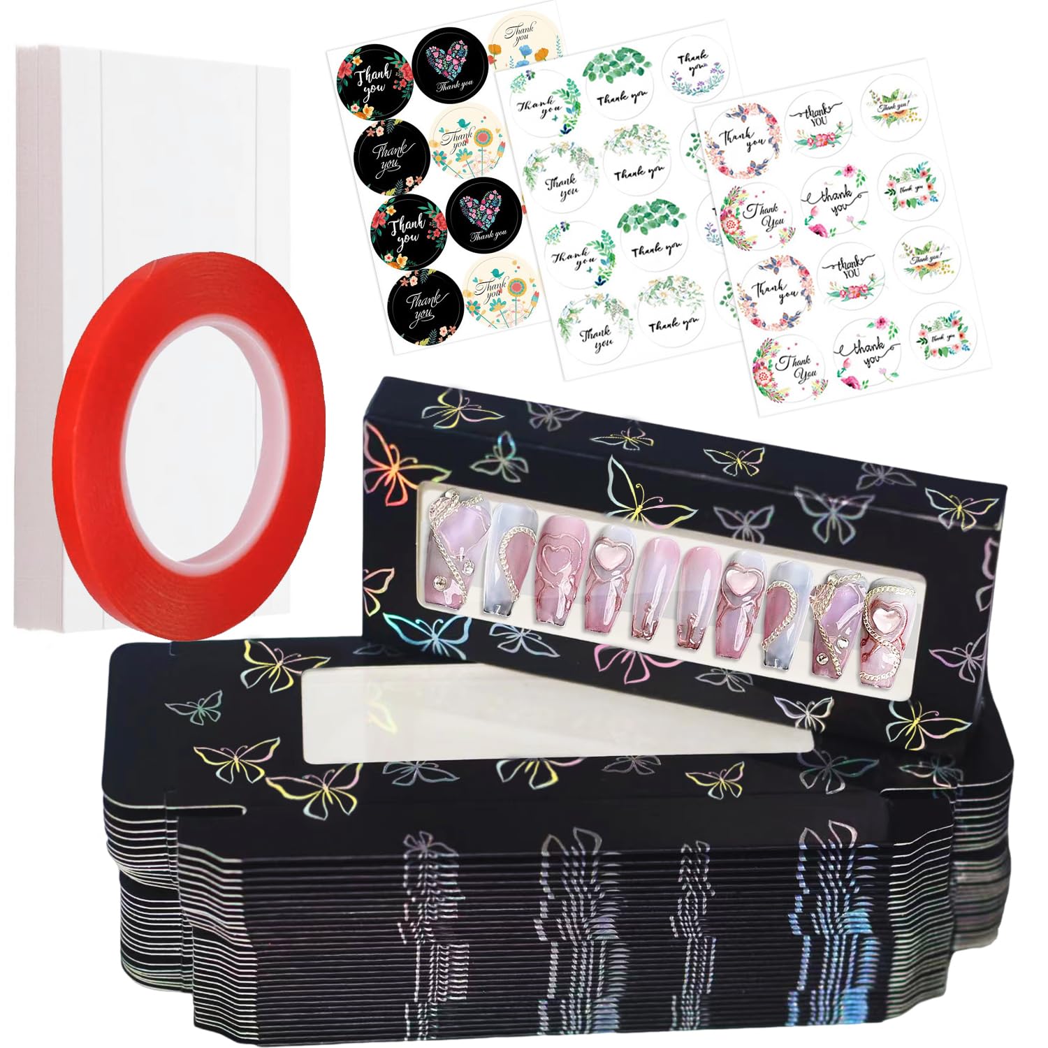 Yazabai 74PCS Press on Nails Packaging Box Set Includes 35PCS Empty Nail Package Box 35PCS White Background Paper 1 Double Sided Tape and 3 Thank You Stickers for Press on Nail Business