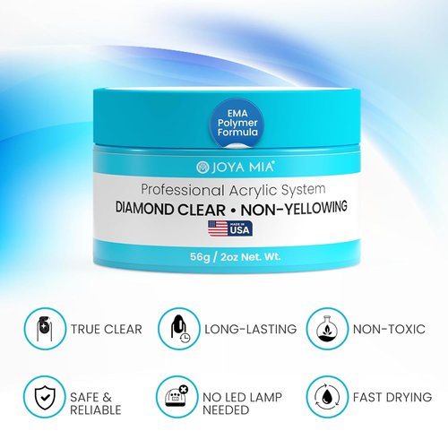 Joya Mia Acrylic Powder - MMA-Free Professional Nail Enhancements for Flawless Finish | Diamond Clear, 2 oz