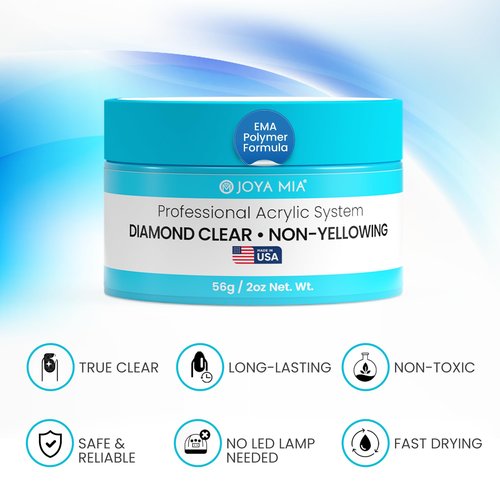 Joya Mia Acrylic Powder for Nails, MMA-Free, Super Adhesion Professional Powder for Flawless & Long-Lasting Nail Enhancements, Easy Application, Vibrant & Stunning Colors - Diamond Clear, 2 oz