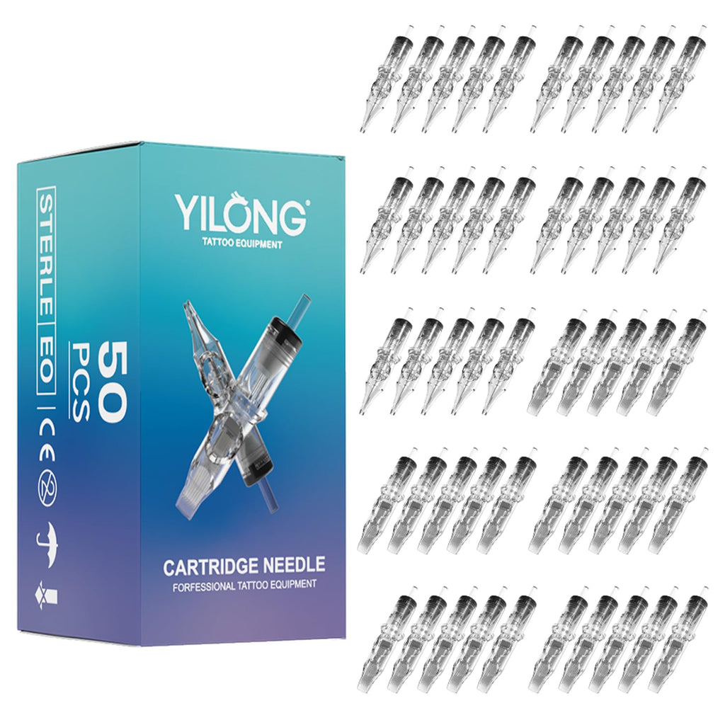 YILONG Assorted Tattoo Needles Cartridge - 50pcs Mixed Size Round Liner Shader Magnum - 5 Pcs each of 3RL，5RL，7RL，9RL，5RS，7RS，9RS，9RM，11RM，7M1 Disposable Membrane Tattoo Needles for Tattoo Gun Machine