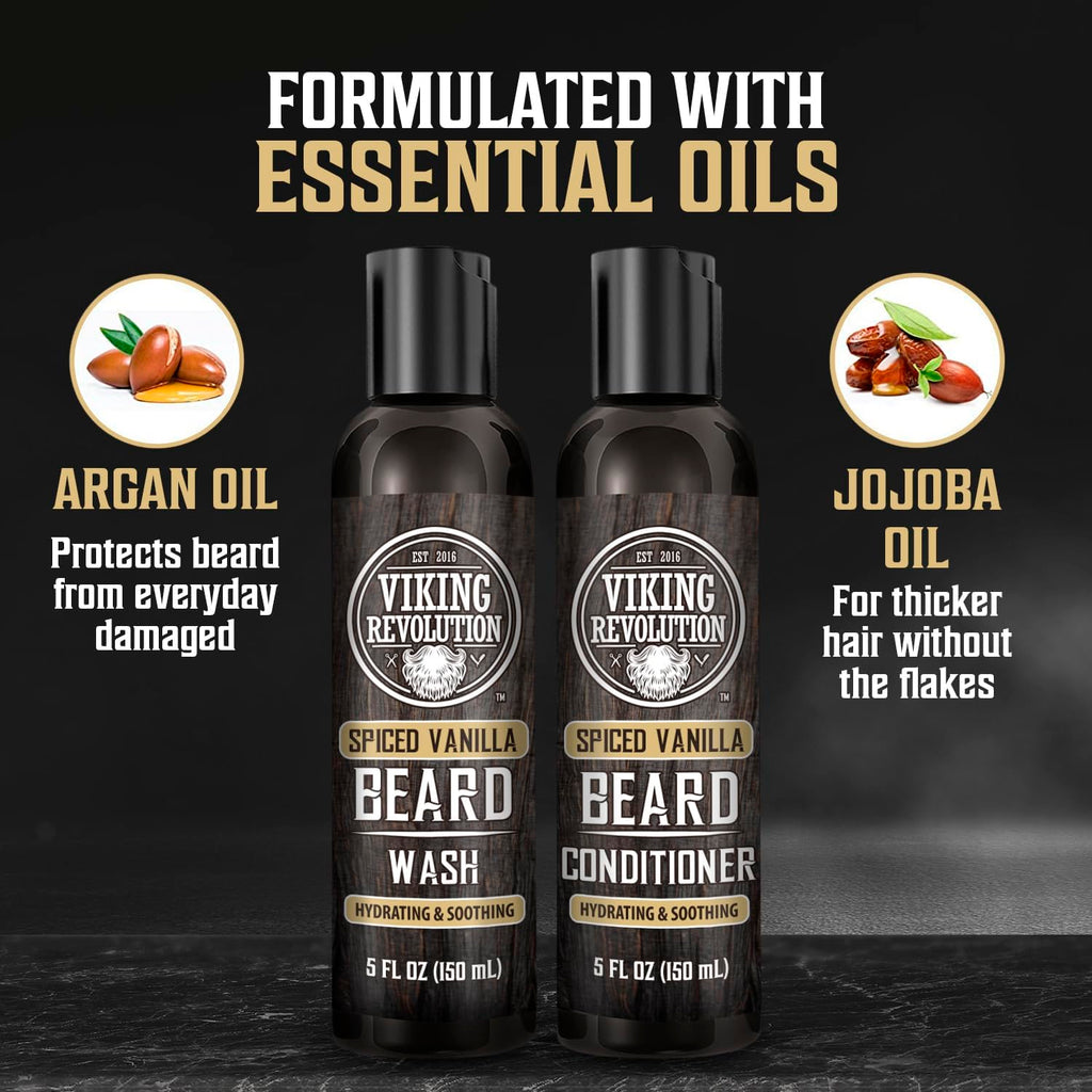 Viking Revolution Ultimate Conditioner for Men's Beard Grooming - Softens, Smoothes and Soothes - Contains Beard Wash and Conditioner (5oz Set), Beard Oil, Balm and Wooden Comb - Spiced Vanilla Scent