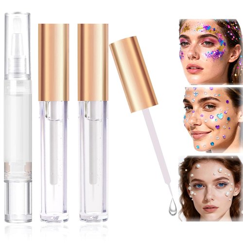 Face Makeup Glue for Rhinestones, 2pcs Waterproof Glitter Glue Long Lasting with Remover Brush, Strong Adhesion Designed for Eye Jewels Face Gems Body Glitter Makeup