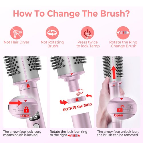 5 Temps LCD Display Ceramic Tourmaline Heated Styling Brush Set - 3-in-1 Detachable Barrels (1.25/1.5/1.75 Inch), PTC Heater for Versatile Hair Styling Curling Tongs