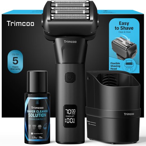 Electric Shaver for Men - Trimcoo 5-Blade Foil Razor Kit | Gentle on Sensitive Skin | Self-Cleaning Center, USB-C Charging, 180min Runtime, IPX7 Wet/Dry Use with Pop-Up Trimmer, Ideal Grooming Gift