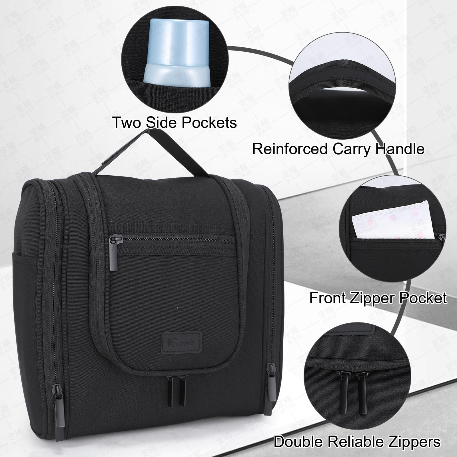 WIBKAE Hanging Toiletry Bag with Hook, Travel Cosmetic Makeup Bag Organizer for Accessories, Shampoo, Shaving Bag for Toiletries Accessories,Travel Essentials Kit (Black)