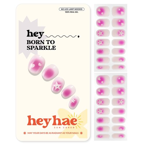 Heyhae Semi Cured Gel Nail Strips | No LED Lamp Needed | Pink, Valentines | Easy Apply & Remove, Salon Quality | Includes 28 Strips, 1 Prep Pads, Nail File & Wooden Stick - Hey, Born to Sparkle