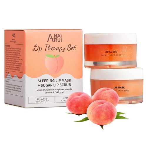 ANAI RUI Lip Scrub & Mask Set, Lip Scrubber Exfoliator, Lip Sugar Scrub, Lip Sleeping Mask, Moisturizering for Dry, Chapped, Dark Lips, Overnight Lip Mask, Peach