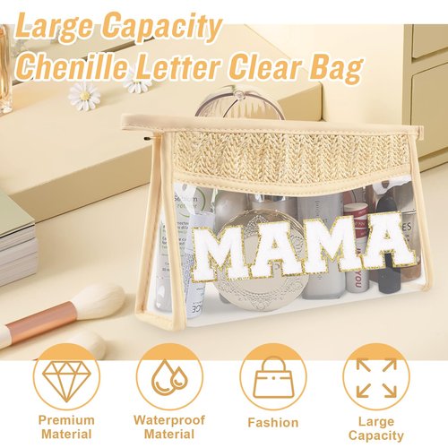 Iqimott Clear Patch Makeup Letter Bag, Boho Letter Bag for Beach Swim, Waterproof Zipper Make up Bags Toiletry Pouch for Women Girls, Clear Letters Patch Cosmetic Bags for Travel(Mama, Beige)