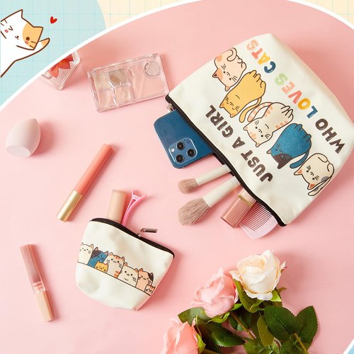 Sunnymove 2 Pack Large and Small Cat Themed Makeup Bags for Women and Teen Girls, Cat Lover Gifts, Cute Kitten Cosmetic Pouch Coin Purse with Zipper, Funny Mom Daughter Gifts for Birthday Christmas