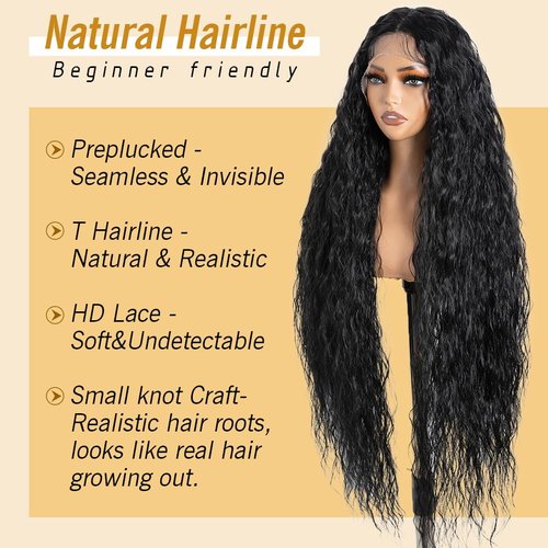 Joedir Hair Super Long Wigs for Women 36 inch Lace Front Wig 5 Inch Middle Parting Synthetic Hair Bohemian Waves (RC1B)