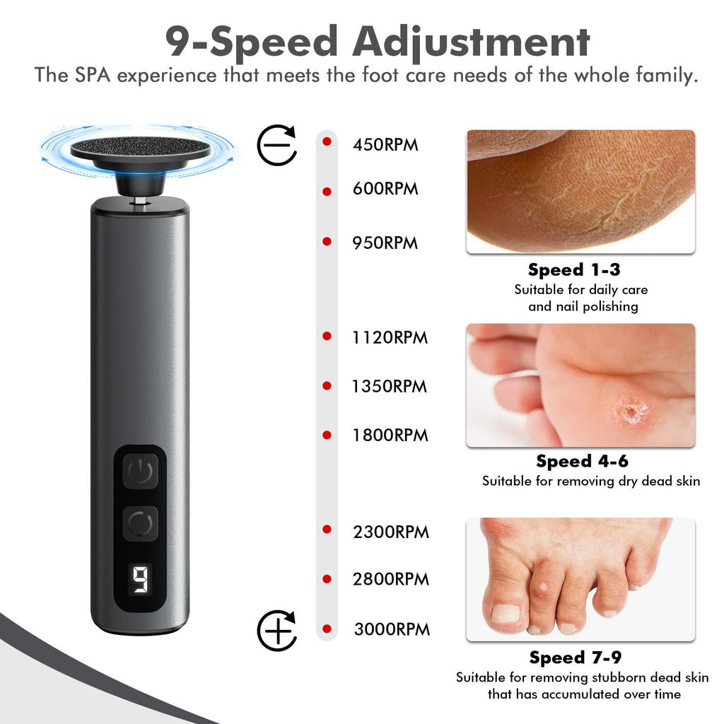 Waysse Electric Foot Callus Remover, Callus Remover for Feet with 9 Adjustable Speeds,Rechargeable Pedicure Tool with Replacement Sandpaper Discs for Dead Skin Calluses