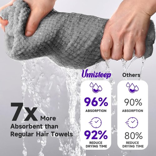 Umisleep Extra Large Microfiber Hair Towel - Super Soft Quick Dry Wrap for Long, Curly Hair - Grey