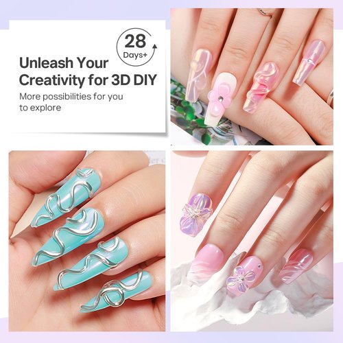 MIZHSE 3D Gel Nail Art Sculpting Gel, 60g Large Capacity Clear Solid Builder Gels for Nails, Non-Sticky Molding Hard Gels for Nail Art Charms, UV LED, with Gold Chrome Powder & Silicone Flower Mold