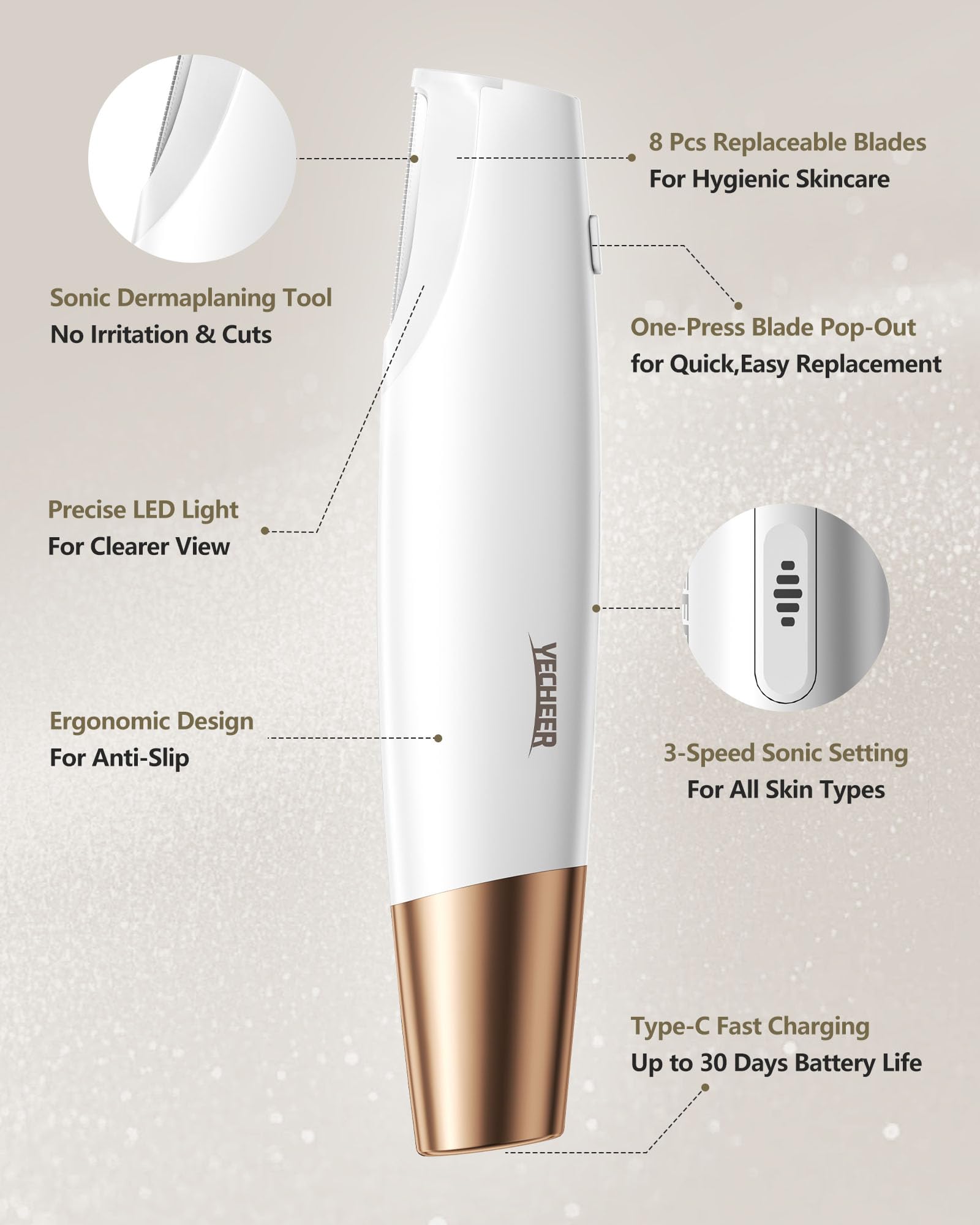 Yecheer Dermaplane Razor for Women Face: Sonic Dermaplaning Tool for Smooth&Flawless Skin - Professional Peach Fuzz Remover w/LED Light&8 Refill Blades - Non-Irritating Electric Facial Hair Removal