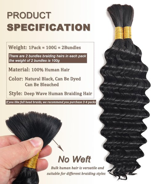 Beauty Youth Human Hair Braiding Hair Deep Wave Bulk Micro Braids Knotless for Black Women,20 Inch, 100g, No Weft, 13A Brazilian Virgin Human Hair, 2 Braids Per Pack - Natural Boho Style