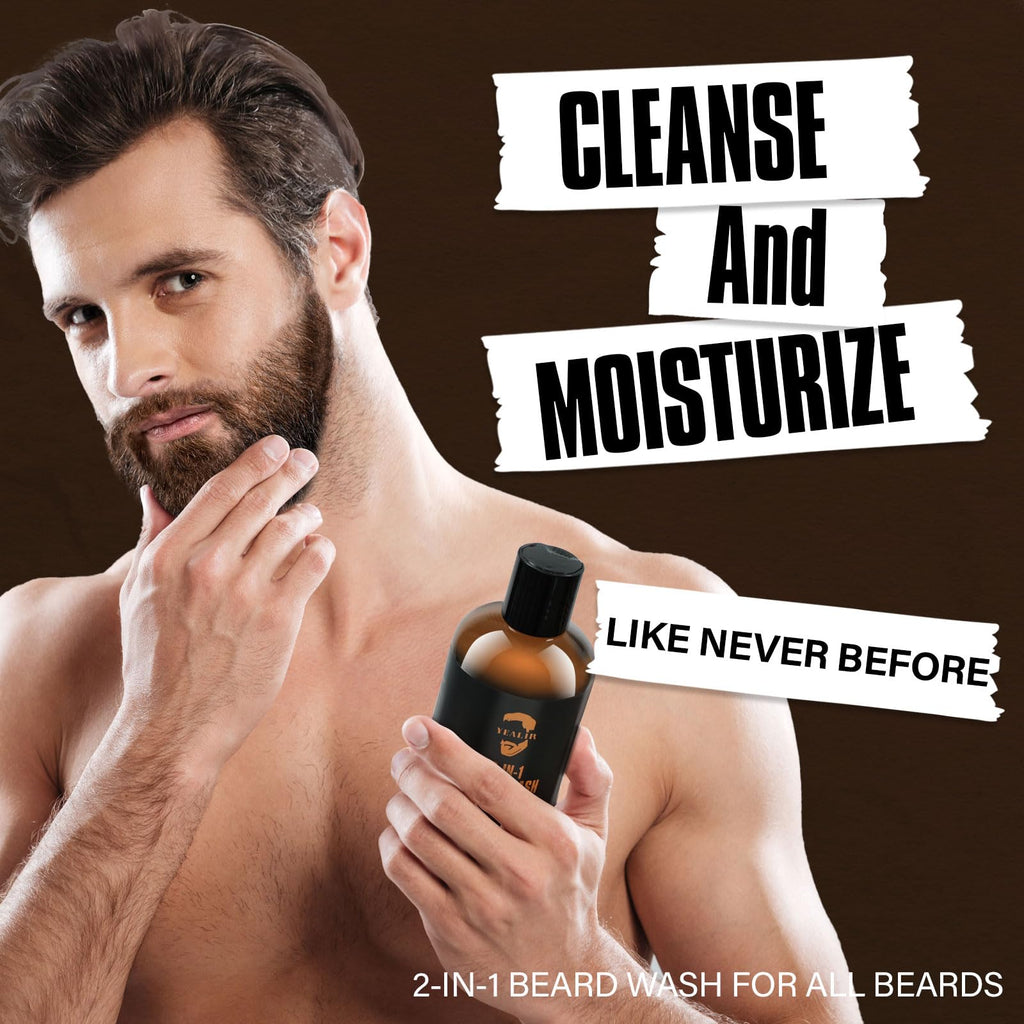 YEALIR 2-in-1 Beard Wash and Conditioner – Cleanse, Hydrate & Soften Dry, Coarse Beard, Beard Shampoo for a Fuller & Healthier Beard –Sandalwood Scent, 8.45 oz