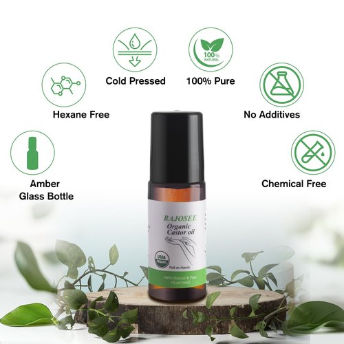 RAJOSEE Castor Oil Roll on in Glass Bottle, Certified Organic Castor Oil Roller for Body Hair Skin Lip Eyebrow Pure Organic Cold Pressed Essential Oil - 1fl.oz