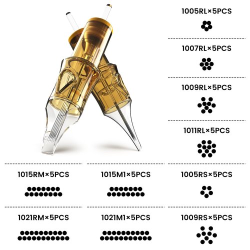 Ackbun 50Pcs Assorted Tattoo Needles #10 5Pcs each of 5RL, 7RL, 9RL, 11RL, 5RS, 9RS, 15RM, 21RM, 15M1, 21M1 Mixed Size Disposable Tattoo Cartridge Needle Pro Sterilization and Safety for Tattoo Pen