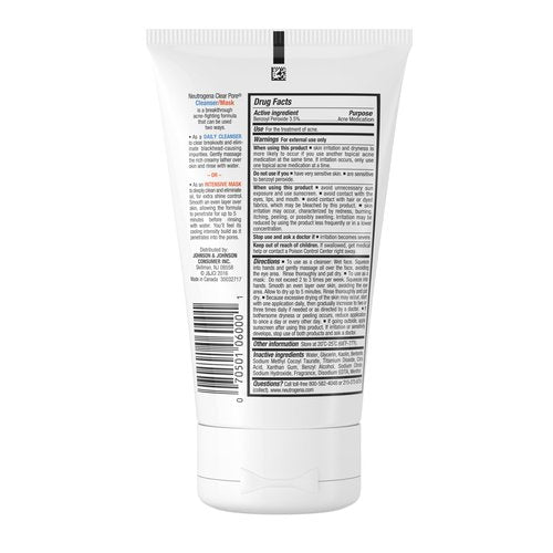 Neutrogena Clear Pore 2 in 1 Facial Cleanser/Face Mask with Kaolin & Bentonite Clay & 3.5% Benzoyl Peroxide Acne Treatment Medication, Daily Face Wash & Shine Control Clay Mask, 4.2 fl. oz, 3 Pack
