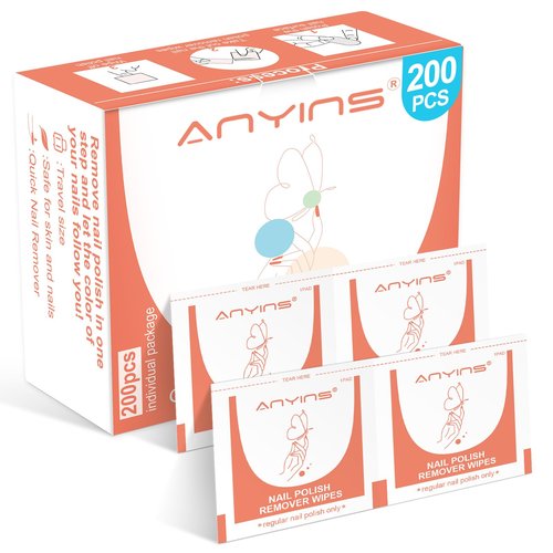 ANYINS Nail Polish Remover Pads，200PCS Fast Remove Nail Polish Remover Wipes with Nutrition Oil Individually Wrapped Professional Nail Salon and Home Use