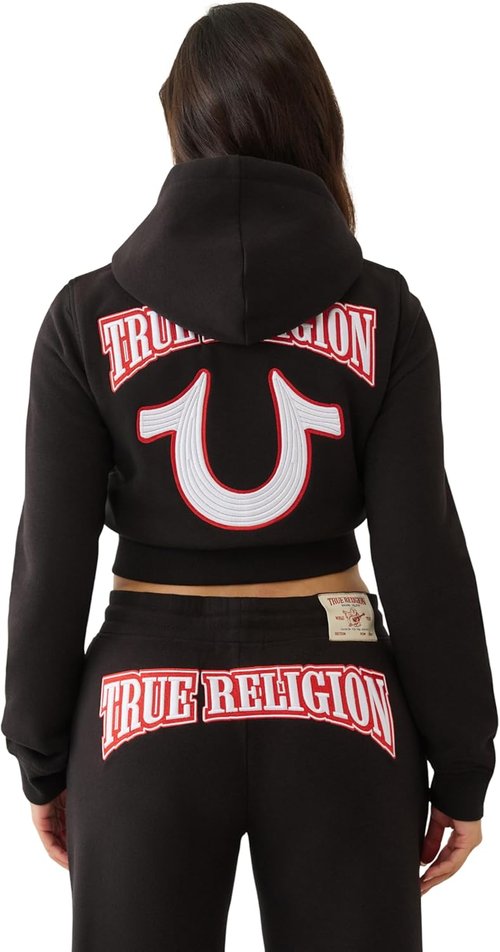 True Religion Women's Cropped Zip Hoodie - Embroidered Full-Zip Sweatshirt with Logo Stitching