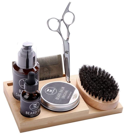 Striking Viking Bamboo Beard Kit for Men - 7.3 in x 4.5 in x 1 in - Portable Grooming Caddy Organizer for Beard Balm & Oil Products - With Scissors & Comb Brush Holder