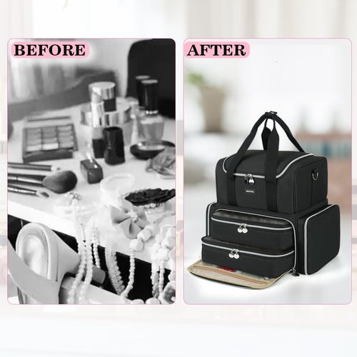 Extra Large Nail Polish Organizer Case Holds 80 Bottles & UV Lamp, Nail Organizers and Storage with 2 Removable Pouches, Travel Nail Supplies Carrying Bag for Nail Art Tech & Manicure Tools,Black