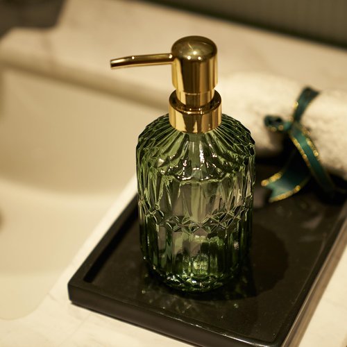 Osfvn Glass Soap Dispenser Green Bottle Gold Plastic Pump Refillable Kitchen Sink Countertop Hand Dish Dispensers