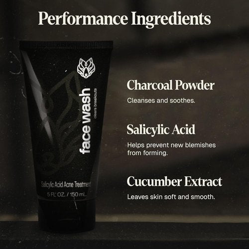 Black Wolf Salicylic Acid Acne Face Wash for Men - Charcoal Cleanser & Exfoliator for Oily Skin - Gentle Daily Treatment Clears Breakouts