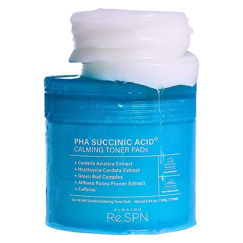 Re.SPN PHA Succinic Acid Calming Toner Pads – Daily Exfoliating, Hydrating and Soothing with CICA, Caffeine, Non-comedogenic, Vegan, Glass Skin, K-Beauty (70 Count)