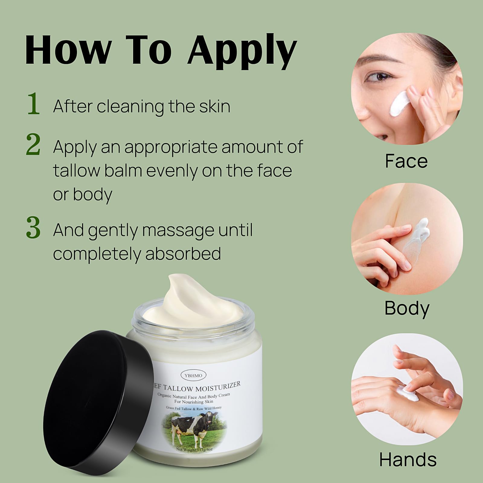 YBHMO Beef Tallow Moisturizer,Beef Tallow for Skin,Organic Grass Fed Beef Tallow with Raw Honey Moisturizing Cream, Whole Body & Face Moisturizer（4oz）