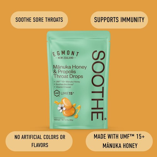 Egmont Honey Manuka Honey & Propolis Throat Drops - 15 Count | UMF 15+ New Zealand Honey with Vitamin C for Natural Soothing Relief