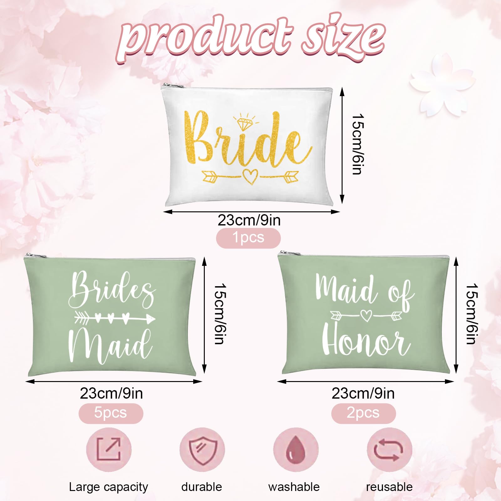 Whaline 8Pcs Bridesmaids Makeup Bags Wedding Bridal Cosmetic Canvas Organizer Bag Sage Green Maid of Honor Zipper Cosmetic Pouch for Women Wedding Bridal Shower Party Favor Supplies