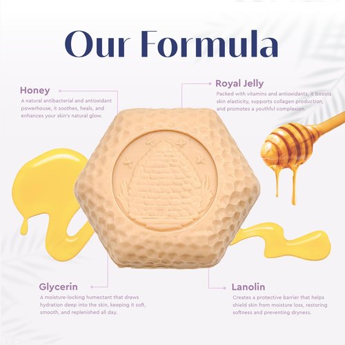 Baudelaire Royal Jelly Honey Soap Set - Luxurious Vegetable-Based Bars with 2% Honey, Hydrating Lanolin & Anti-aging Royal Jelly, Peach Blossom Scent - Spa Quality (Pack of 6)