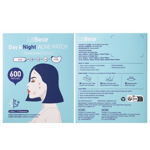 LitBear Pimple Patches for Face, 600 Counts Day and Night Acne Patches, Hydrocolloid Patches for Covering Zit and Blemishes, Large Breakouts, 5 Sizes Thin & Thick Spot Dots Stickers for Chin, Forehead