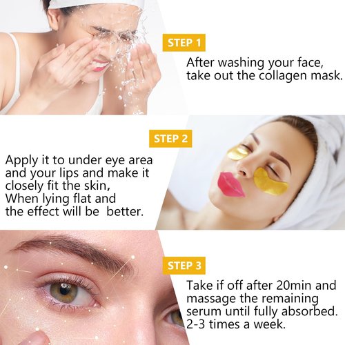 15 Pairs Gold Eye Mask and 15 Pcs Collagen Crystal Lip Mask, Under Eye Patches and Lip Pads,Collagen Crystal Mask Set for Moisturizing, Reducing Fine Lines & Dark Circles for Valentines Day Gifts