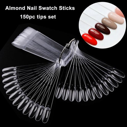 LoveOurHome 150pc Medium Almond Nail Swatch Sticks Vanish Gel Polish Color Design Display Stick Tips Clear Almond Fan Cards Nails Art Practice Sample Tools with Rings