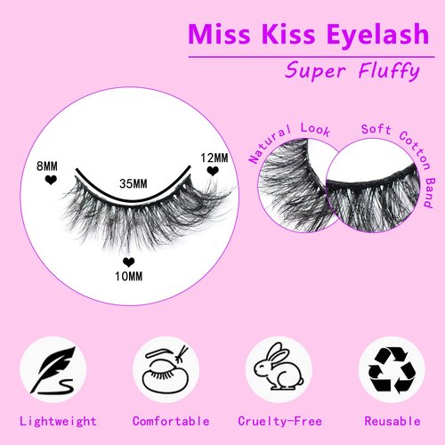 Miss Kiss 6 Pairs Fluffy Cat Eye False Lashes Strips, Russian C Curl Eyelashes Pack, 3D Mink Lashes Volume Natural Look 12 MM