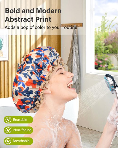 mikimini Reusable Showe Cap for Women Waterproof, Large Shower Caps with Elastic Band & Double Layers - Adjustable Shower Bonnet for Long Hair, Braids, Bold Abstract Print Hair Cap