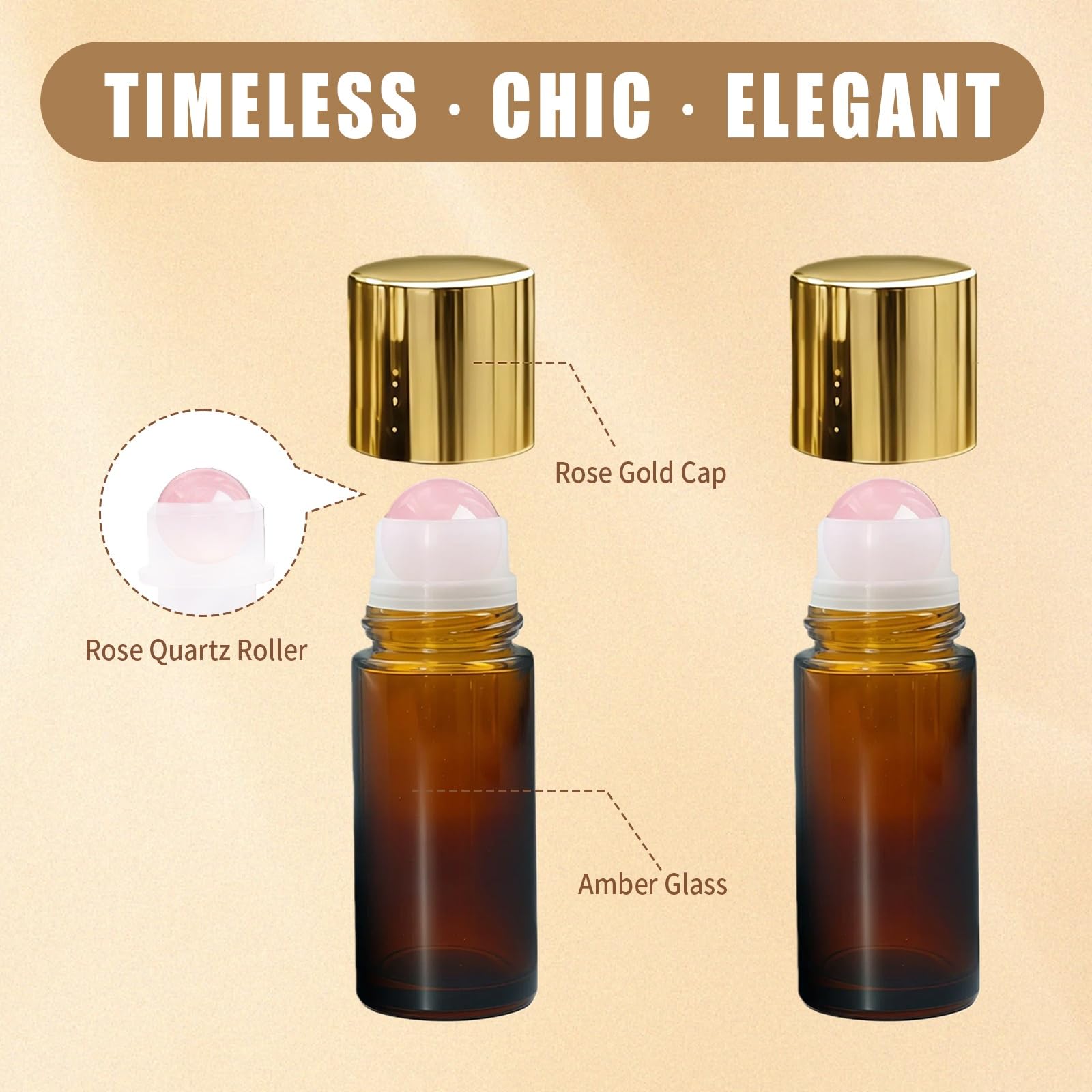 Warmify2 Pack Rose Quartz Roller Bottles for Essential Oils, 50ml Refillable Amber Glass Roll On Bottles with Natural Crystal Roller Balls, Leak-Proof Travel Perfume Bottle with Gold Caps