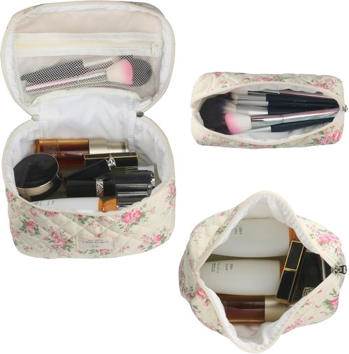 Skiennix Cute Makeup Bag Set - Quilted Floral Travel Cosmetic Organizer (3 Pcs, Pink Flower)