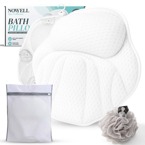 Bathtub Pillow for Head and Neck Support, Bath Pillow for Tub with 6 Suction Cups, Quick Dry Spa Tub Pillow, Bath Back Cushion with Mesh Polyester, Includes Bath Sponge and Wash Bag