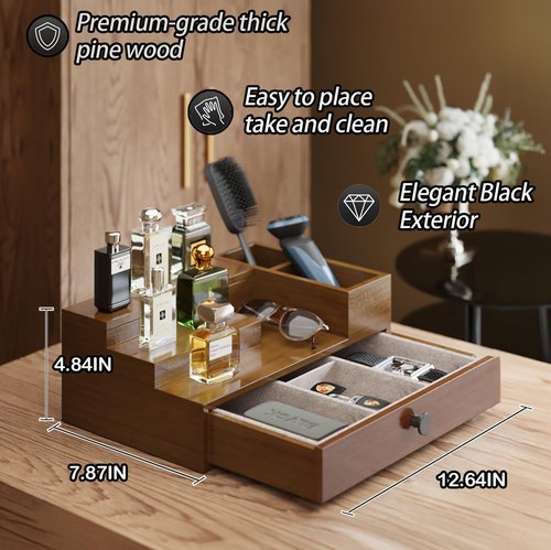 UUyuality Pine Wood Cologne Stand Organizer for Men, 3 Tier Cologne Display Shelf Organizer with Hidden Compartment and Velvet Lining Drawer, Perfume Display Holder (Brown, 01)