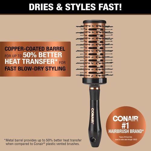 Conair Vented Copper Collection Round Brush - Quick-Dry Styling Tool for Effortless Blowouts
