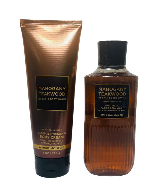 Bath & Body Works Mahogany Teakwood Men's 3-in-1 Hair, Face & Body Wash and Body Cream 2 Piece Set