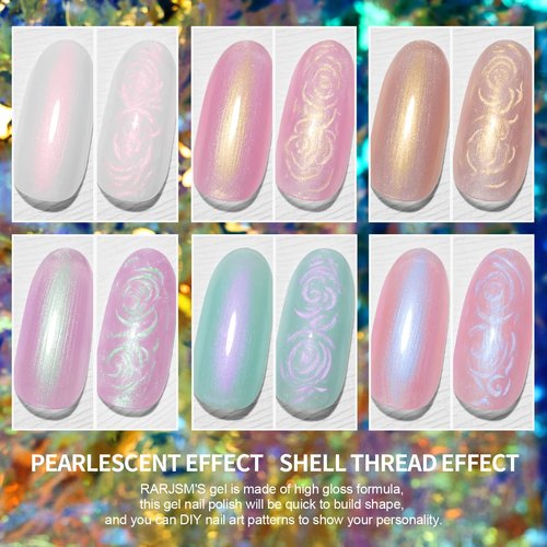 RARJSM Pearl Gel Nail Polish Set - 6 Colors with Glitter & Shimmer | Pink, White, Green, Purple, Mermaid Effect