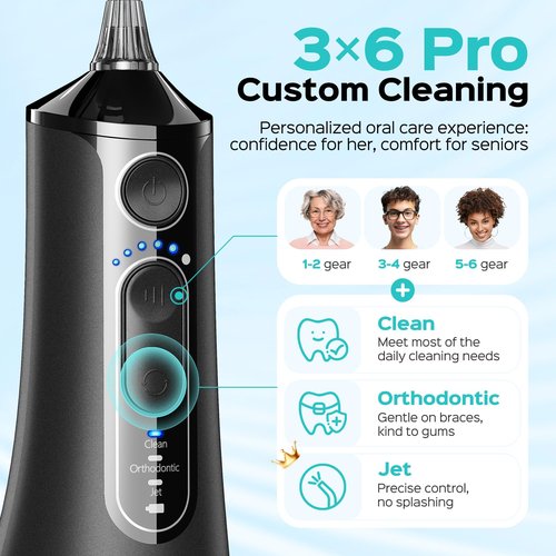 COSLUS C51 Portable Water Flosser for Teeth: 3 Modes & 6 Pressure Settings with Jet Mode Water Dental Pick for Orthodontic, Braces, Sensitive Gums, Compact for Travel, 300ML for Multiple Users, Black
