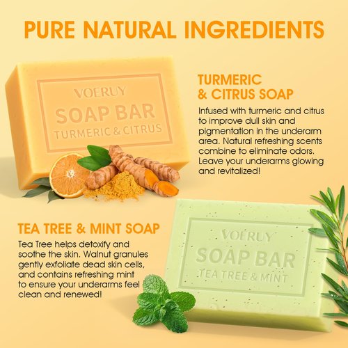 Underarm Detox Soap - 2 Pcs with Turmeric & Citrus, Tea Tree & Mint, Dark Spot Armpit Remover for Women and Men, Eliminating Odor, Natural Exfoliating Bar Soap for Armpit & Whole Body - 10 oz (280g)